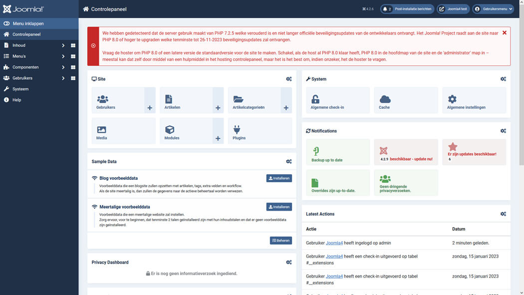 Dashboard van Joomla versie 4