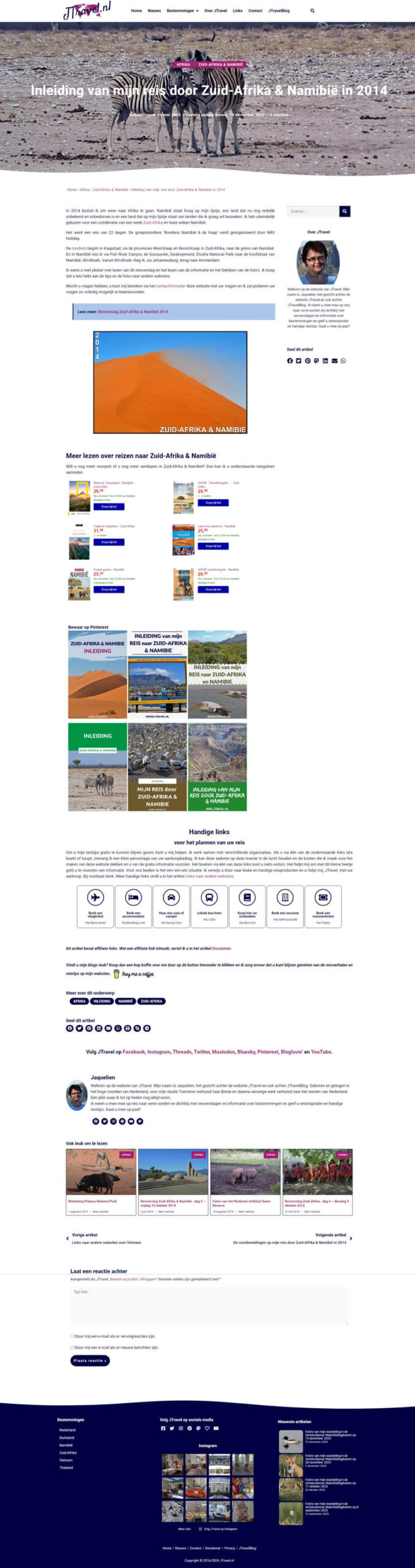 Daadwerkelijke versie van het artikel Inleiding Zuid-Afrika & Namibië op JTravel.nl gemaakt in WordPress