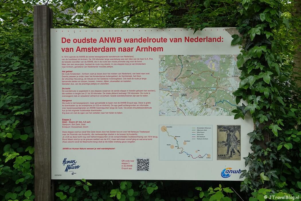 Bord in Zeist tijdens mijn wandeling van de 6e etappe van de oudste wandelroute van Nederland van Zeist naar Maarn