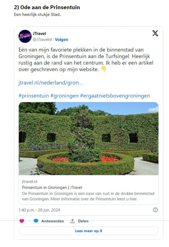 Deel van een artikel op de website van RTV Noord met artikel over de Prinsentuin op JTravel.nl