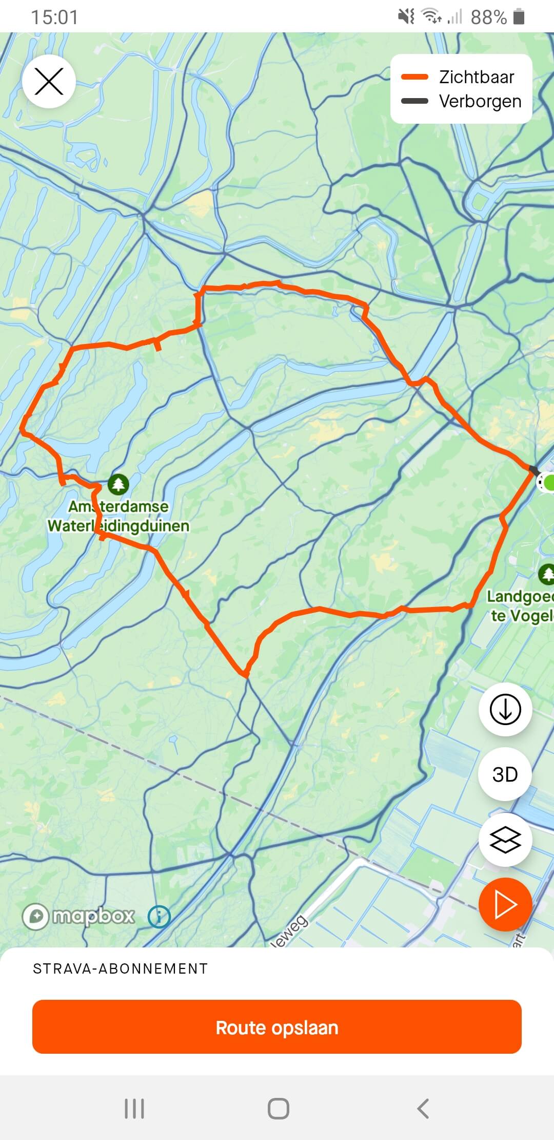 Een voorbeeld van een wandeling in de app Strava