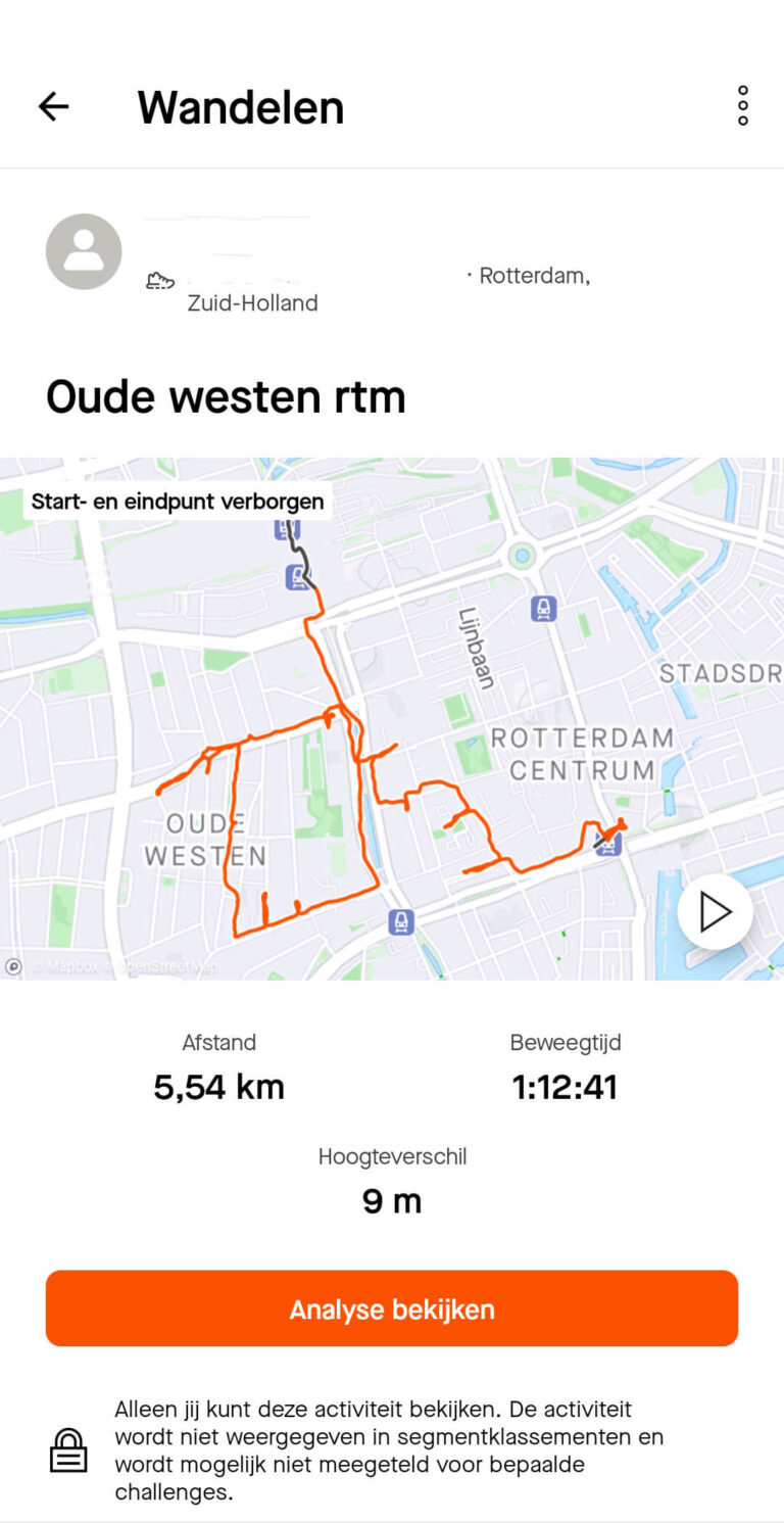 Een voorbeeld van een wandeling in de app Strava