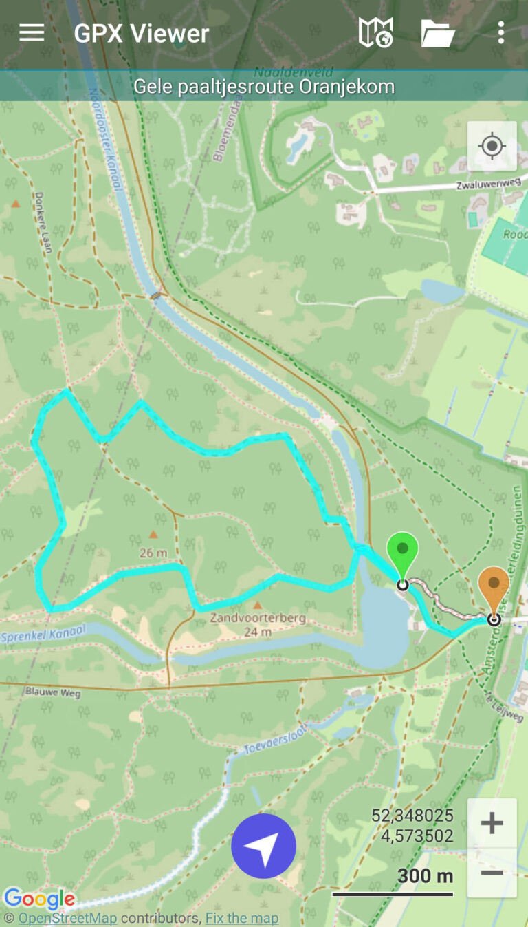 Gele wandelroute Oranjekom vanaf ingang Oase in de Amsterdamse Waterleidingduinen