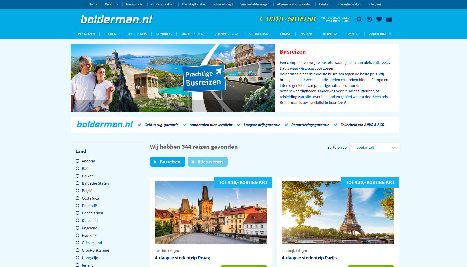 De website van Bolderman voor het boeken van busreizen