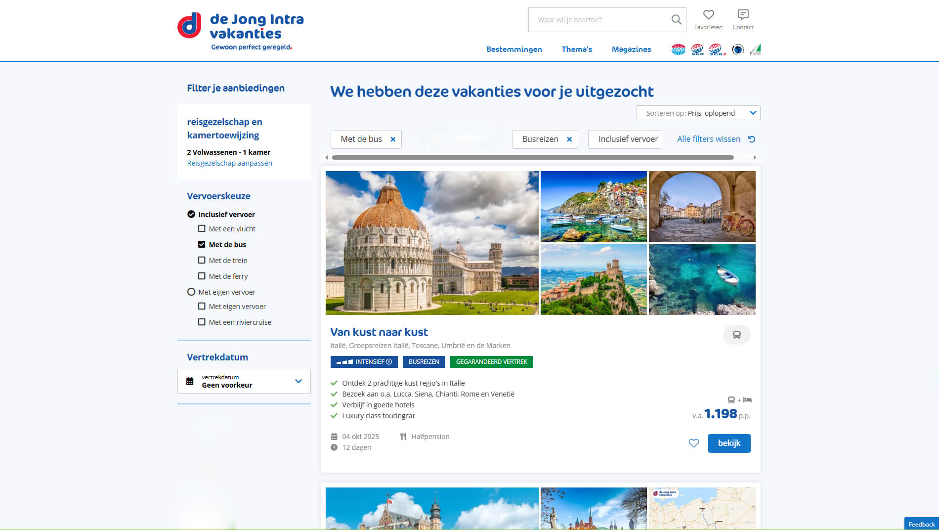 De website van De Jong Intra Vakanties voor het boeken van busreizen
