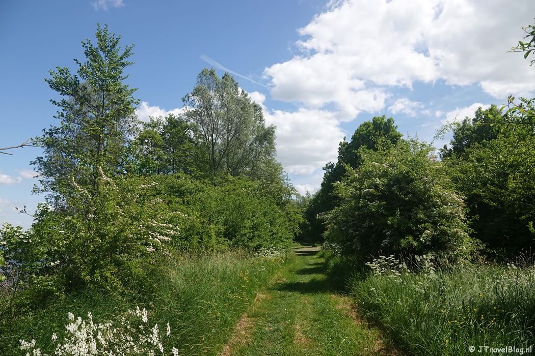 Een onverhard pad langs recreatiemeer Slijk-Ewijk tijdens etappe 4 van het Pad van de Vrijheid van Herveld naar Valburg