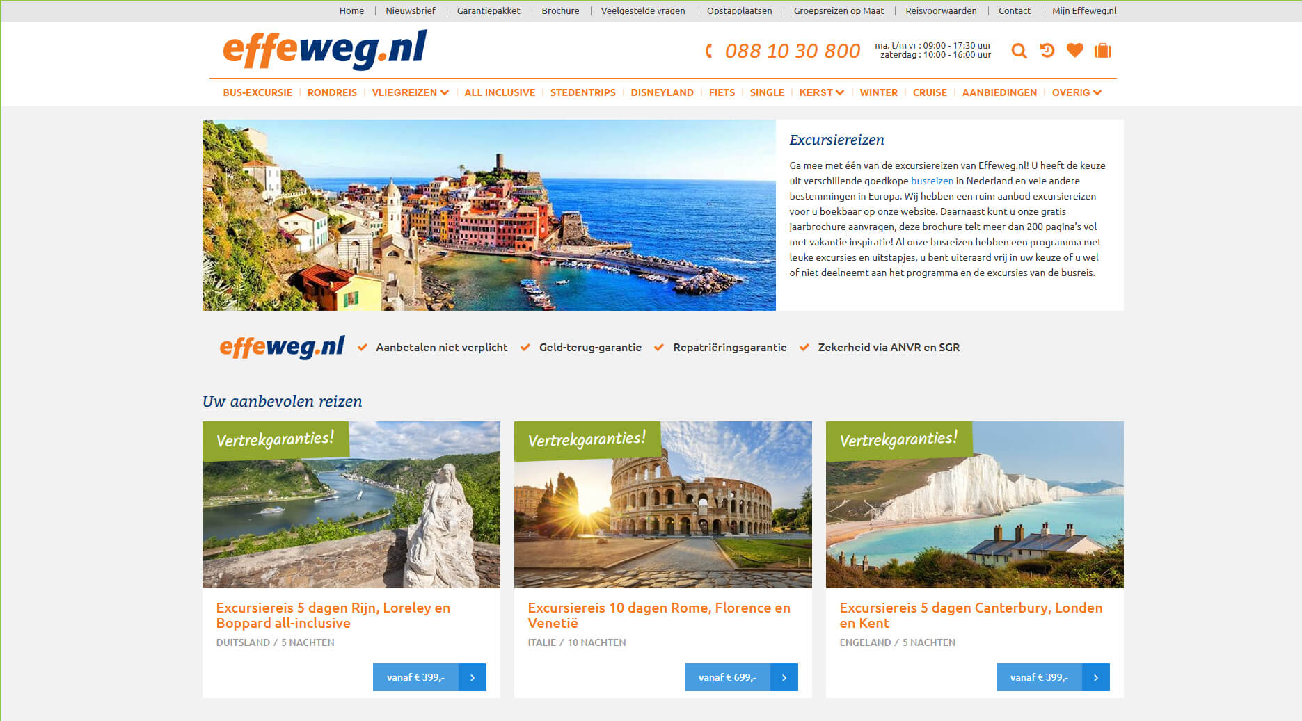De website van Effeweg voor het boeken van busreizen