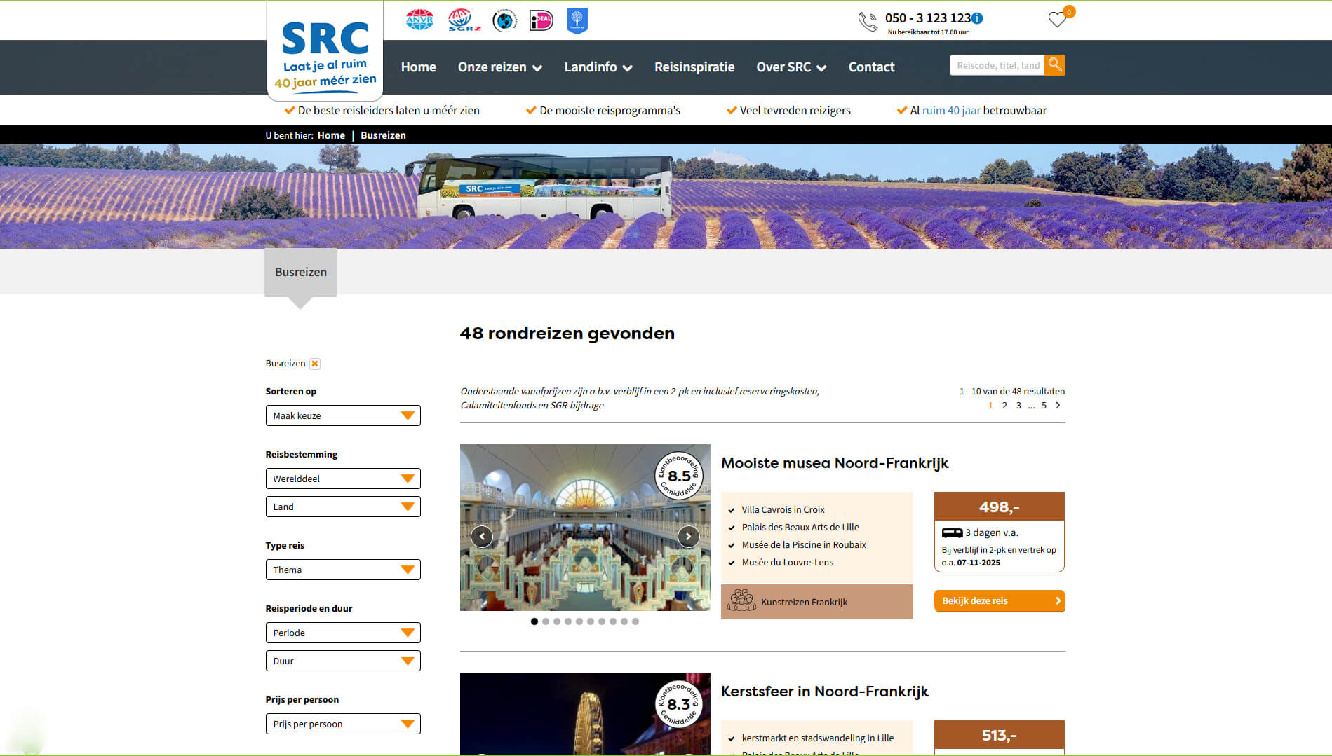 De website van SRC Reizen voor het boeken van busreizen