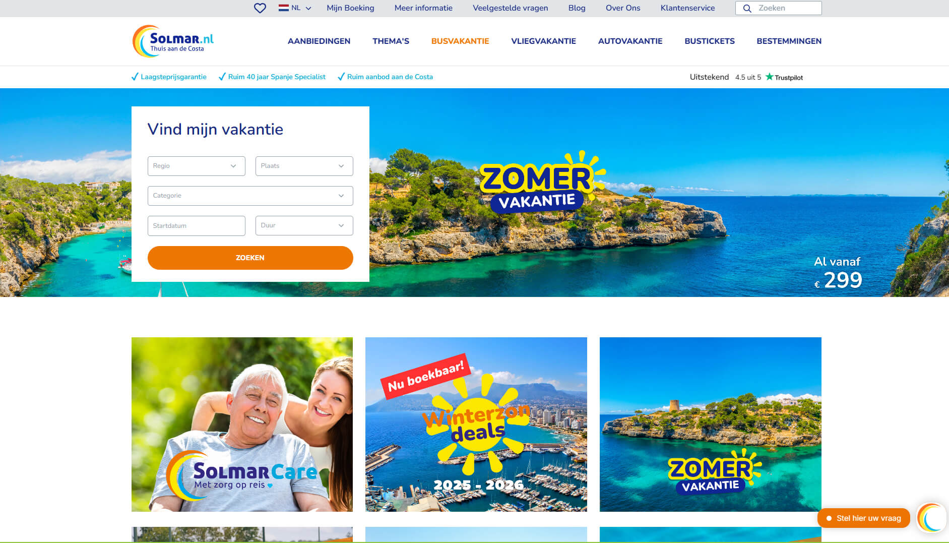 De website van Solmar voor het boeken van busreizen