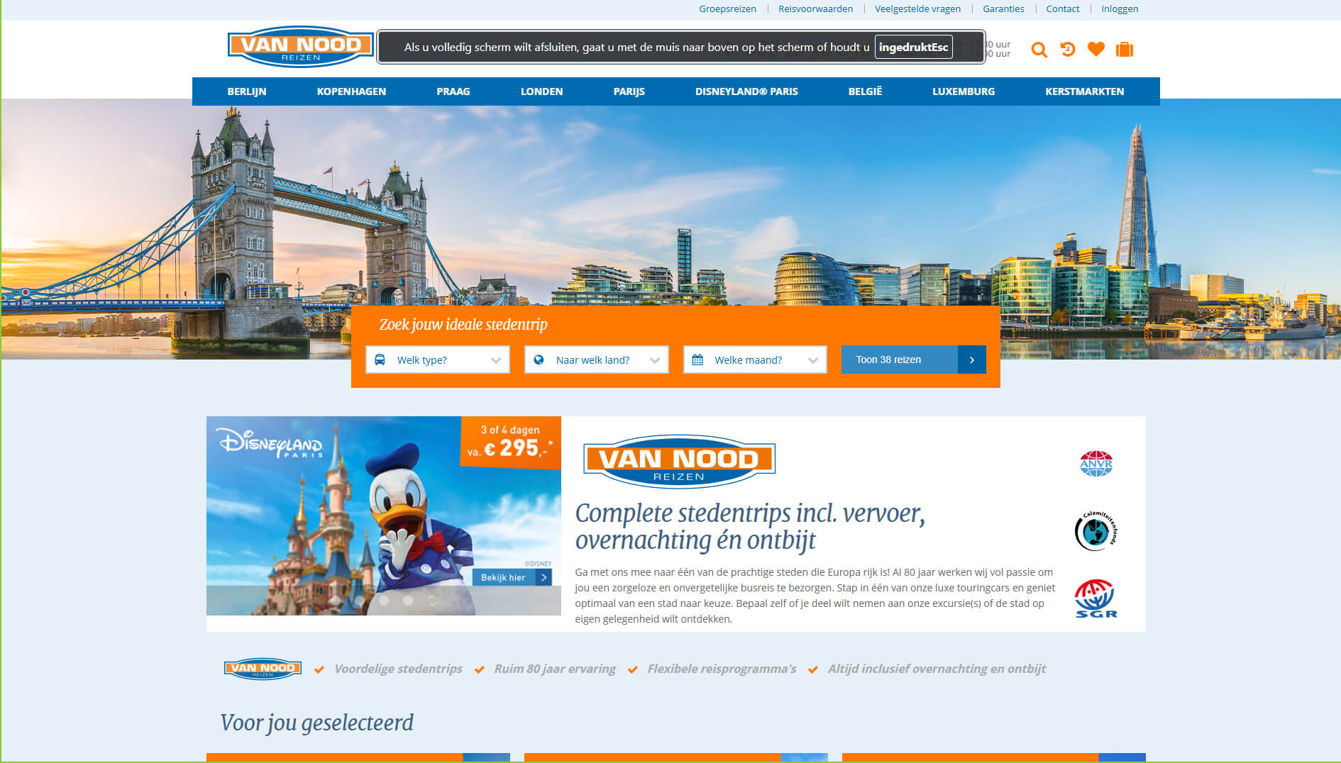 De website van Van Nood Reizen voor het boeken van busreizen
