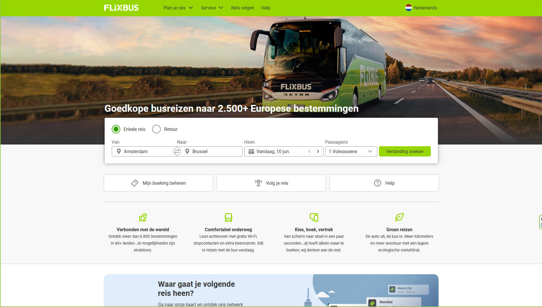 De website van FlixBus voor het boeken van busreizen
