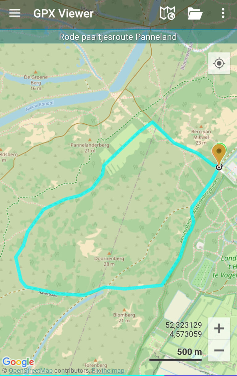 De rode wandelroute vanaf ingang Panneland in de Amsterdamse Waterleidingduinen