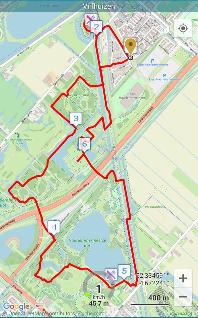 De routekaart uit GPX Viewer van de Trage Tocht Vijfhuizen