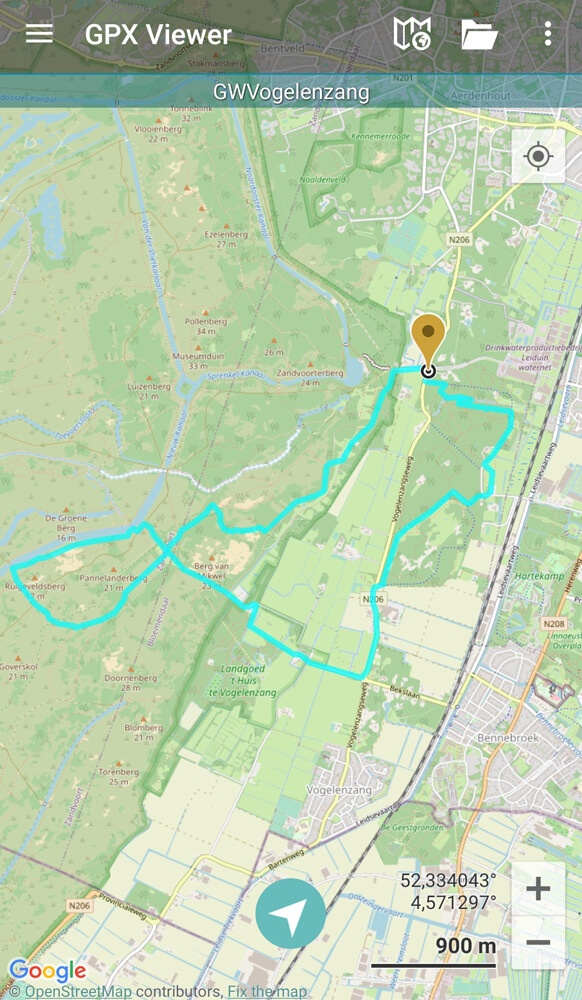 De routekaart uit GPX Viewer van de Groene Wissel Vogelenzang