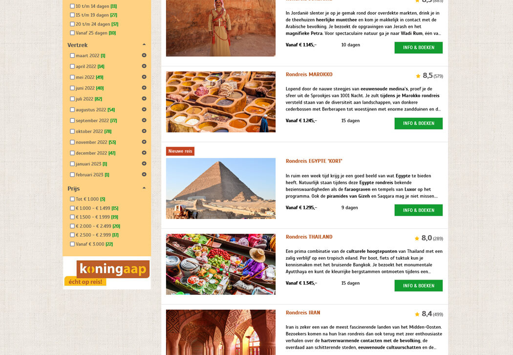 De website van Koning Aap voor het boeken van groepsrondreizen buiten Europa
