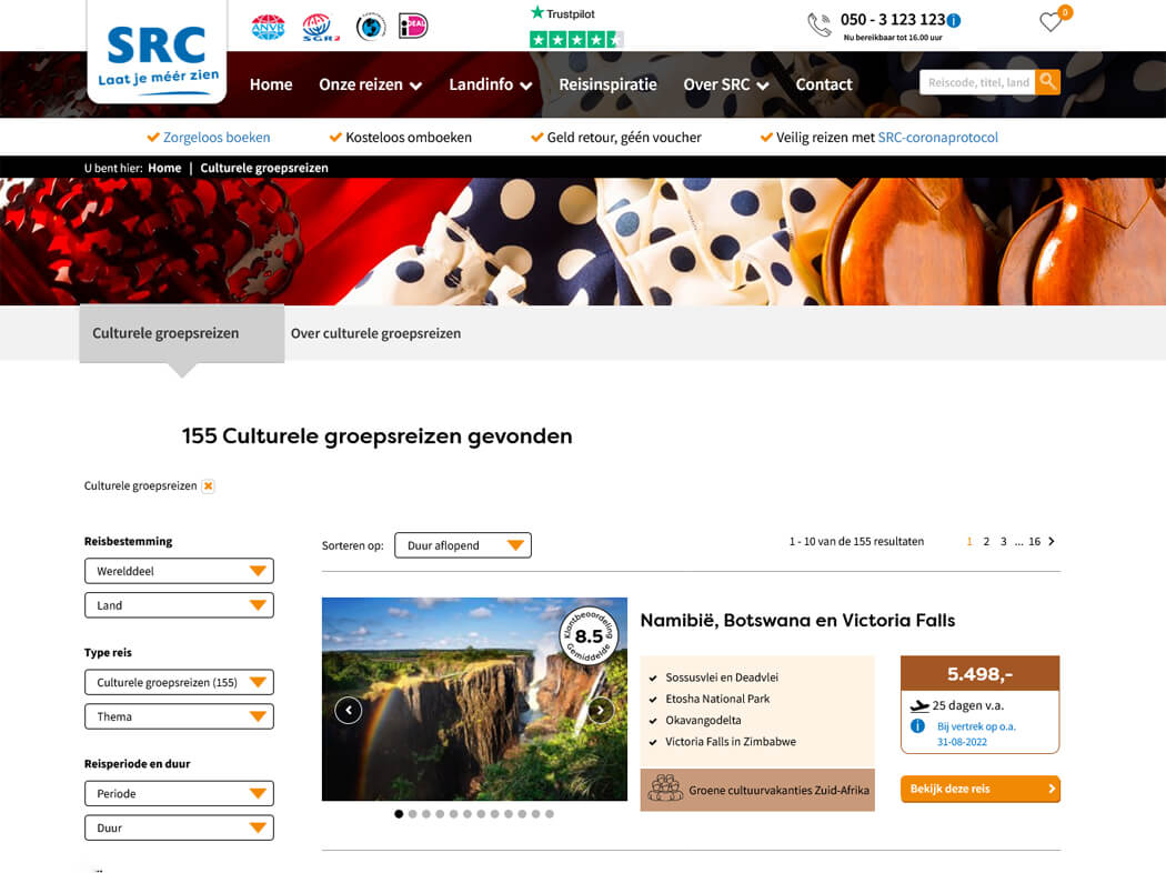 De website van SRC Reizen voor het boeken van groepsrondreizen buiten Europa