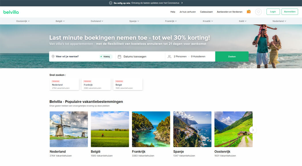 De website van Belvilla om een vakantiehuis te huren