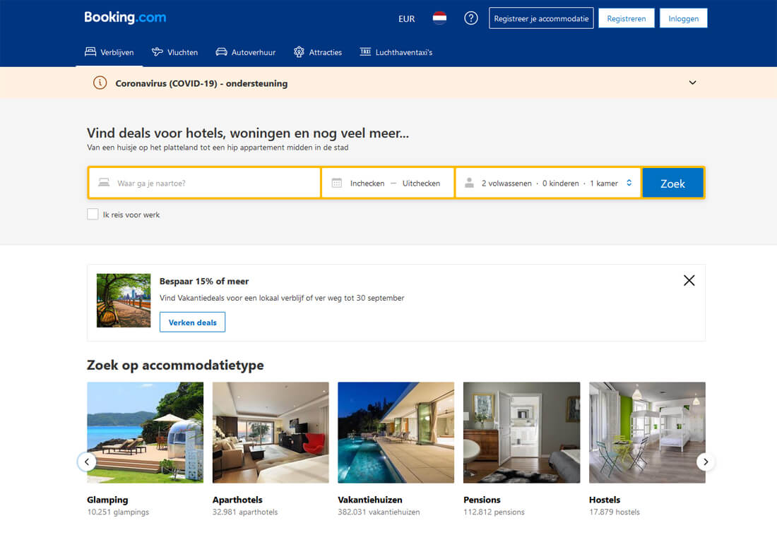 De website van Booking.com