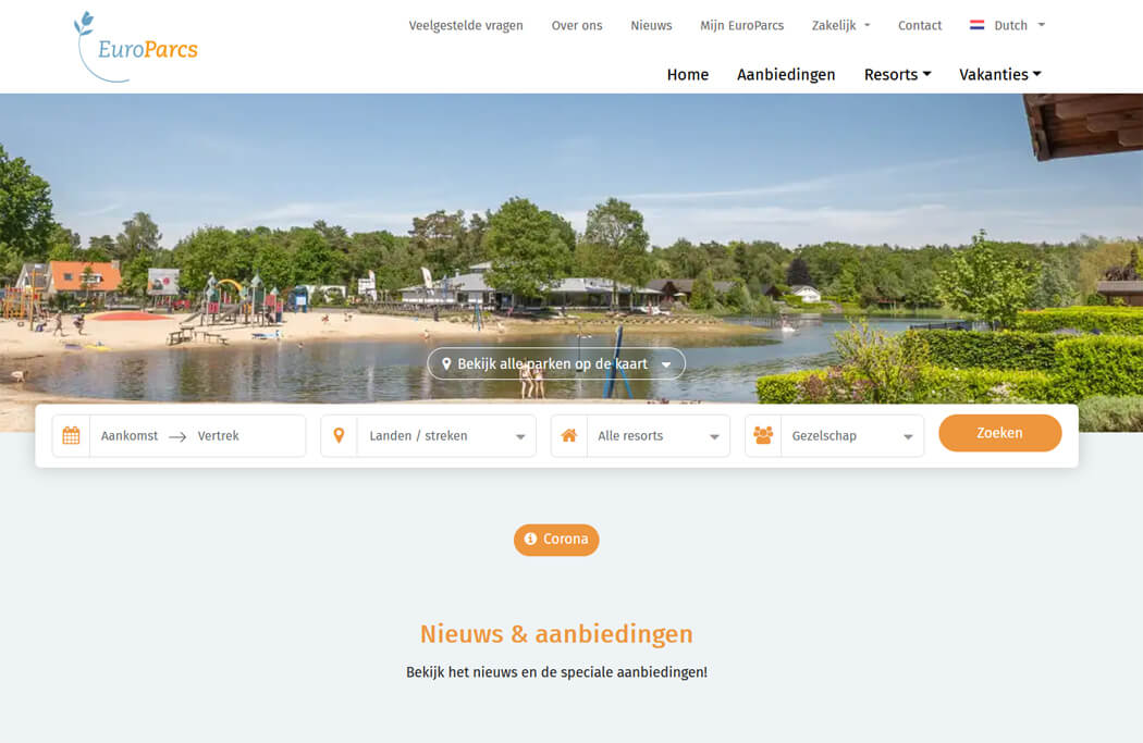 De website van Europarcs om een vakantiehuis te huren