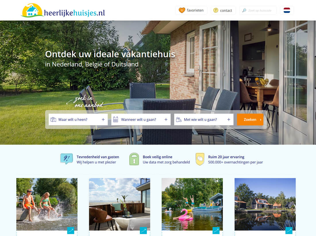 De website van Heerlijkehuisjes om vakantiehuizen te huren