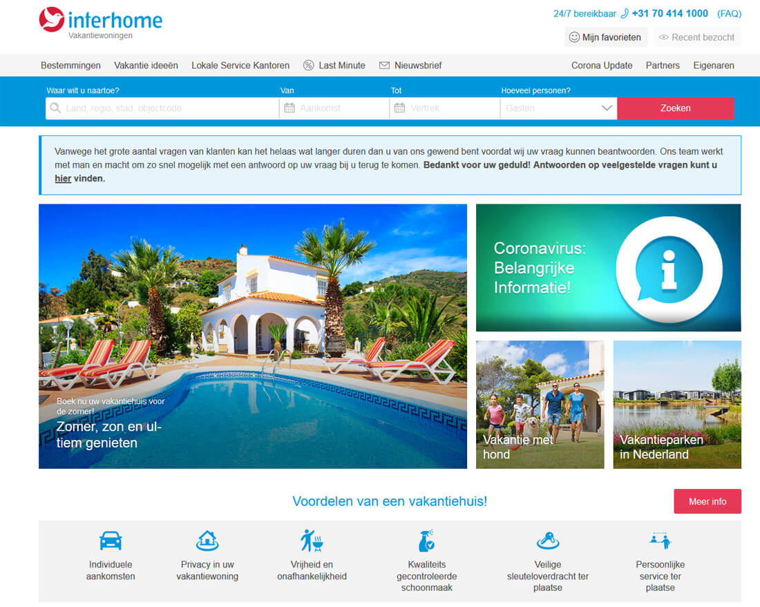 De website van Interhome om vakantiehuizen te huren