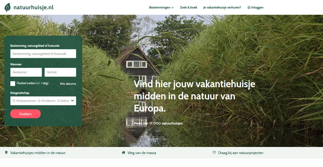 De website van Natuurhuisje om een vakantiehuis te huren