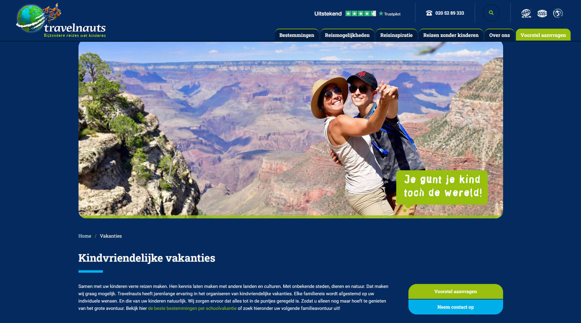 De website van TenzingTravel/Travelnauts voor het boeken van familiereizen