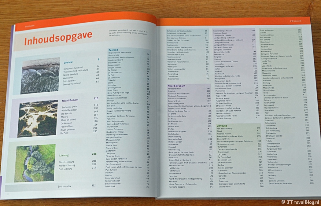 De inhoudsopgave van het boek 'De mooiste fotolocaties van Zuid-Nederland'