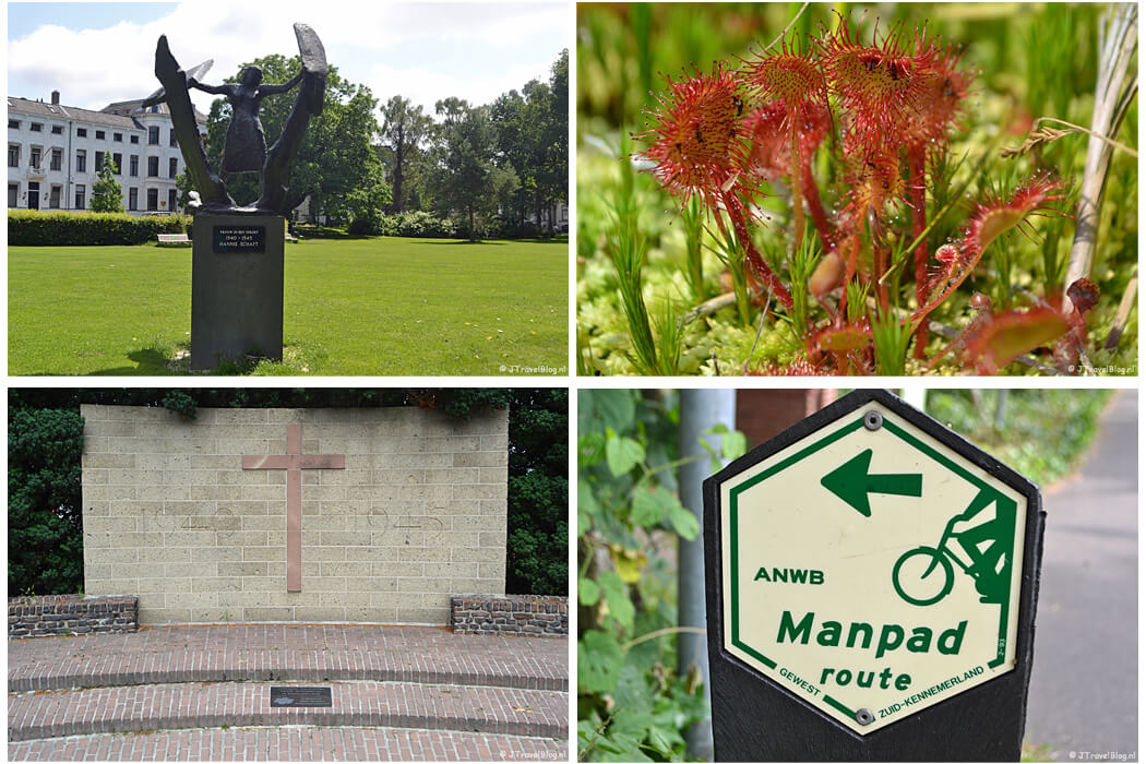 Juli 2021: Beeld van Hannie Schaft in het Kenaupark tijdens de Vrijheidswandeling in Haarlem, zonnedauw in de Amsterdamse Waterleidingduinen, het Oorlogsmonument in Baarn tijdens de 7e etappe van het Westerborkpad en het markeringsteken van de Manpadroute
