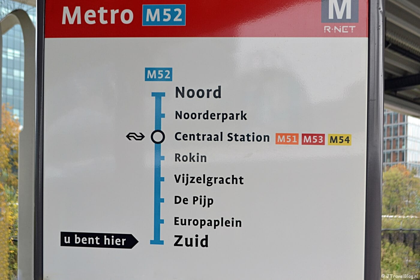 De route van de Noord-Zuidlijn in Amsterdam van zuid naar noord
