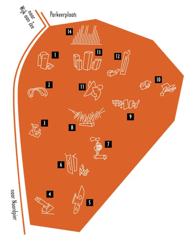 Plattegrond van het beeldenpark ‘Een Zee van Staal’ in Wijk aan Zee