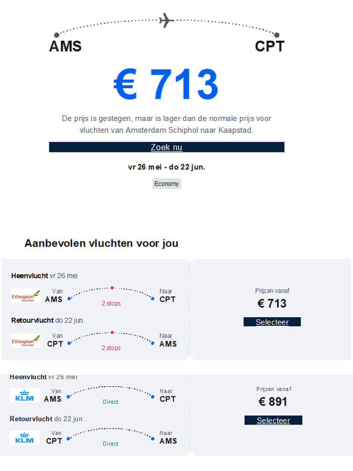 Voorbeeld van een prijsalarm van Skyscanner voor Kaapstad/Zuid-Afrika