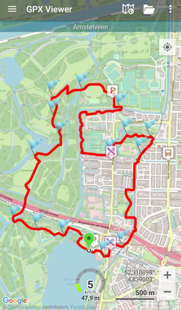 De routekaart uit GPX Viewer van de wandeling in het Amsterdamse Bos en de Amstelveense Heemparken