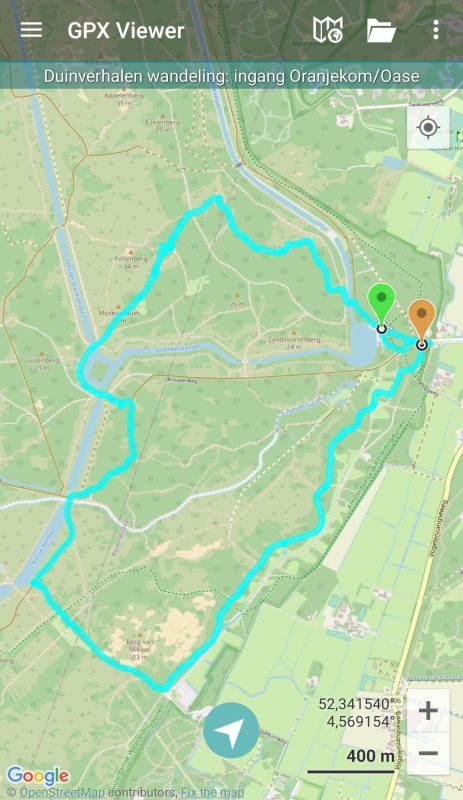 De routekaart uit GPX Viewer van de Duinverhalen wandeling in de Amsterdamse Waterleidingduinen vanaf ingang Oranjekom/Oase