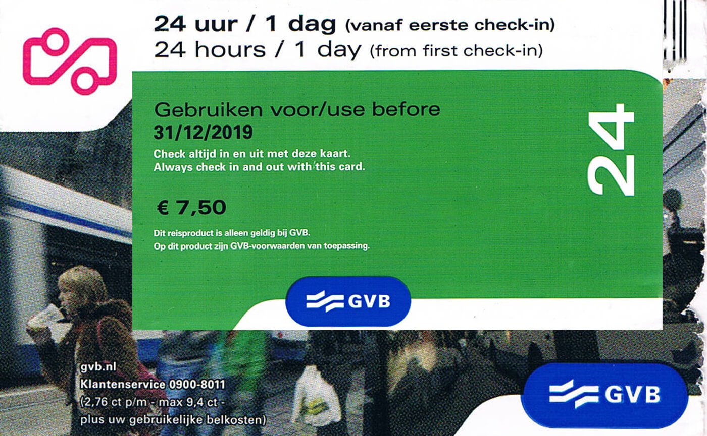 Een 24-uurs ticket uit 2019 voor het openbaar vervoer van de GVB voor Amsterdam.